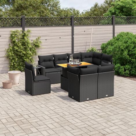 Ensemble de jardin 9 places en résine tressée noir avec coussins - Salon extérieur modulaire avec table réglable (1/3)