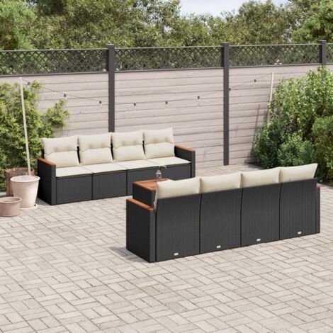 Salon de Jardin 9 Places Noir Résine Tressée avec Table Acacia et Coussins Crème - Ensemble Modulaire Jardin Terrasse (1/5)