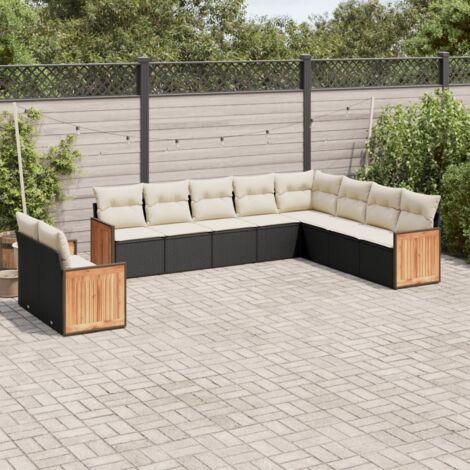 Ensemble Salon Jardin 10 Places Noir Résine Tressée avec Coussins Crème - Meuble Extérieur Modulaire avec Rangement (1/3)