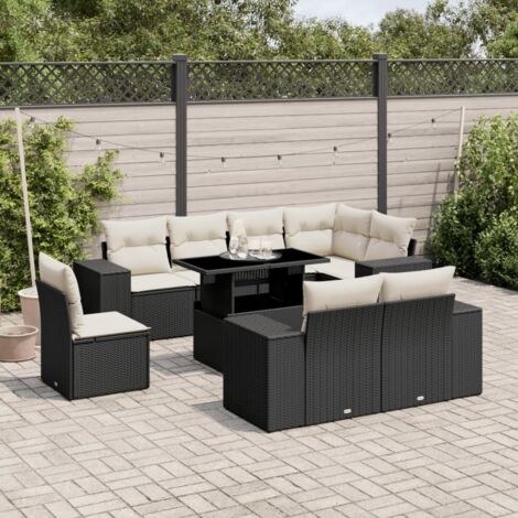 Salon de jardin 9 places en résine tressée noir avec table réglable et coussins crème - Ensemble modulaire pour terrasse (1/5)