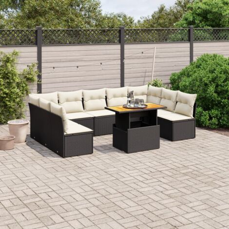 Ensemble Salon Jardin 10 Places Noir Résine Tressée avec Coussins Crème - Table Réglable et Design Modulaire (1/3)
