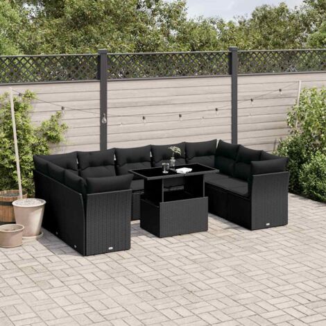 Ensemble Salon Jardin 10 Places Noir Résine Tressée - Canapés d'Angle et Central avec Table Réglable et Coussins Confort (1/5)