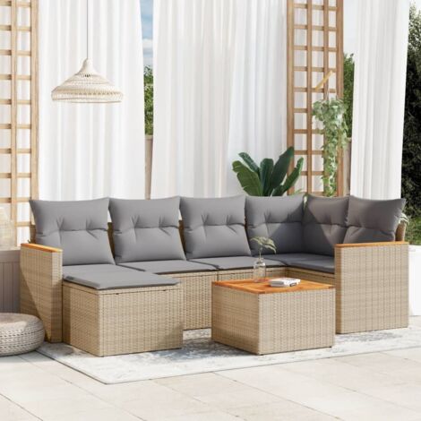 Canapé de jardin 7 pièces en résine tressée beige avec coussins gris, table et repose-pieds en acacia (1/3)