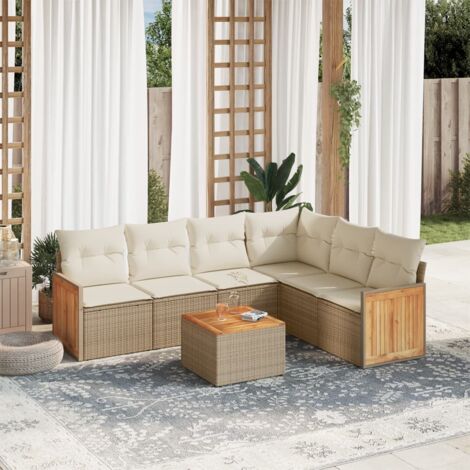 Salon de jardin 7 pièces en résine tressée beige avec coussins crème, table en acacia et rangement intégré (1/3)
