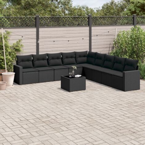 Ensemble Jardin 10 Places Résine Tressée Noir avec Table Verre Trempé et Coussins Détachables - Salon Extérieur Modulaire Stockage Intégré (1/3)