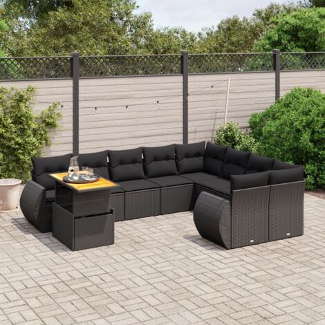 Ensemble de jardin 10 places en résine tressée noire avec coussins - Table extensible acacia et mobilier modulaire (1/3)