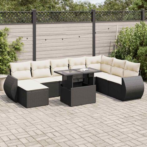 Ensemble Salon Jardin 9 Places Noir Résine Tressée avec Table Réglable et Coussins Crème - Meuble Extérieur Modulaire avec Rangement Intégré (1/5)