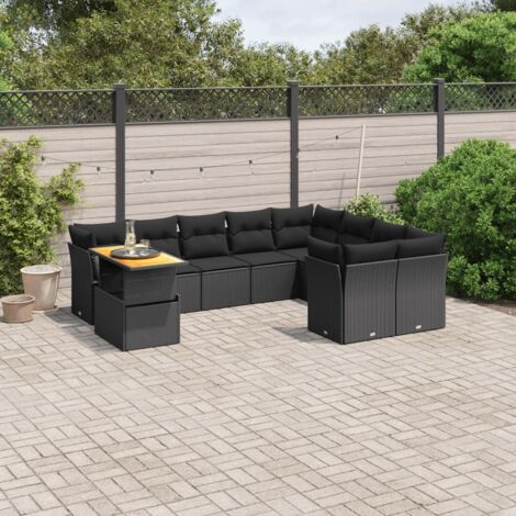 Ensemble jardin 10 places résine tressée noir avec coussins - Salon d'extérieur modulaire avec table réglable acacia (1/3)