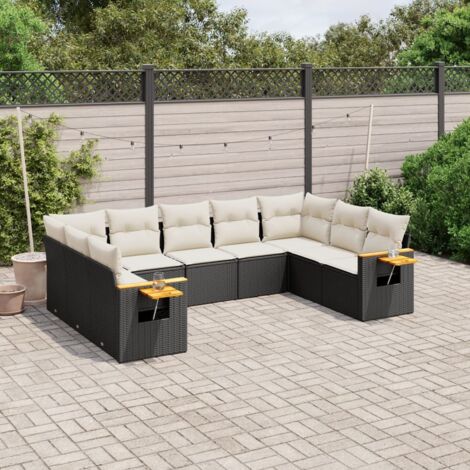 Ensemble Salon Jardin 9 Places Noir Résine Tressée avec Coussins Crème - Meuble Extérieur Modulaire (1/5)