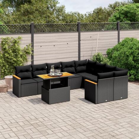 Ensemble de jardin 10 places en résine tressée noire avec table extensible et coussins lavables - Salon d'extérieur modulaire (1/3)