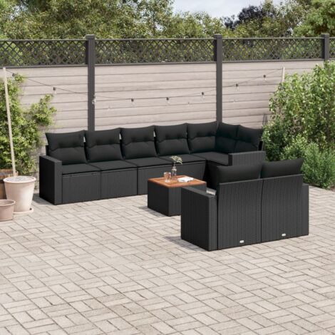 Ensemble Salon Jardin 9 Places Noir Résine Tressée avec Coussins - Table Acacia - Modulaire (1/3)