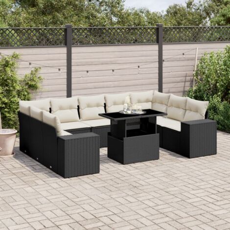 Ensemble Salon Jardin 10 Places Noir Résine Tressée avec Coussins Crème - Table Réglable Hauteur, Mobilier Extérieur Modulaire (1/5)