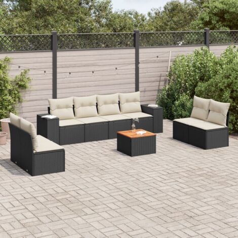 Ensemble Salon Jardin 9 Places Noir Résine Tressée avec Coussins Crème - Table Acacia, Stockage Intégré (1/3)