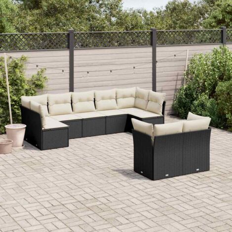 Ensemble Salon Jardin 9 Places Noir Résine Tressée avec Coussins Crème - Meuble Extérieur Modulaire avec Rangement (1/3)