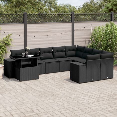 Ensemble Salon Jardin 10 Places Résine Tressée Noir avec Coussins - Table Réglable Hauteur, Mobilier Extérieur Modulaire (1/5)