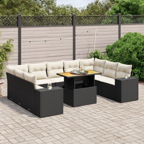 Ensemble Salon Jardin 10 Places Résine Tressée Noir avec Coussins Crème - Table Réglable et Design Modulaire (1/3)