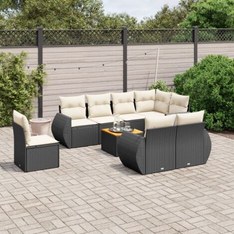 Ensemble Salon Jardin 9 Places Noir Résine Tressée avec Table Acacia et Coussins Crème - Mobilier Extérieur Modulaire avec Rangement (1/3)
