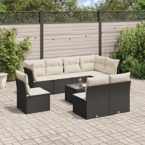 Ensemble Salon Jardin 9 Places Noir Résine Tressée avec Table Verre Trempé et Coussins Crème - Mobilier Extérieur Modulaire (1/3)