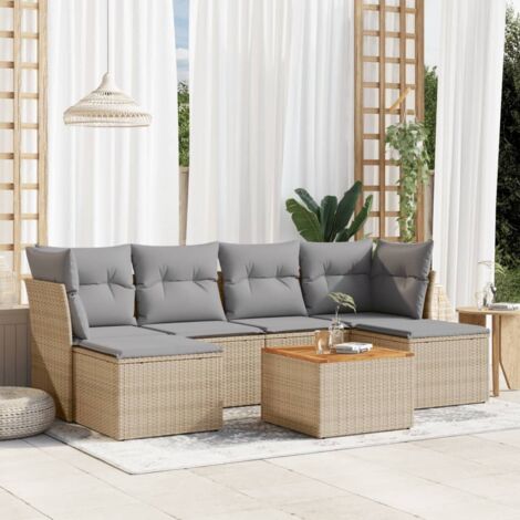 Salon de jardin 7 pièces en résine tressée beige avec coussins gris – table acacia, sièges modulaires et repose-pieds (1/3)