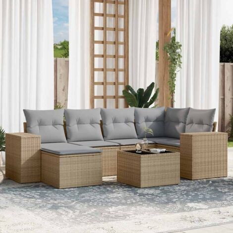 Canapé de jardin 7 pièces en résine tressée beige avec coussins gris – table, fauteuils modulaires et repose-pieds (1/5)