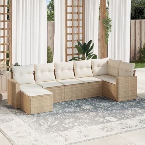 Salon de jardin 7 pièces en résine tressée beige avec coussins crème, rangement intégré et design modulaire (1/3)