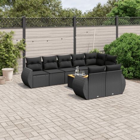 Ensemble Salon Jardin 9 Places Noir Résine Tressée avec Coussins - Canapé d'Angle, Sièges et Table Acacia - Meuble Extérieur Modulaire (1/5)