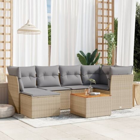 Canapé de jardin 7 pièces en résine tressée beige avec coussins gris – Table acacia, sièges modulaires et repose-pieds (1/3)