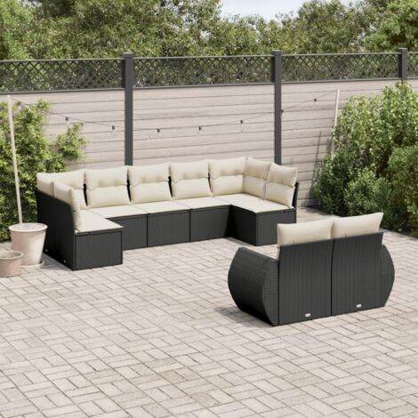 Ensemble Salon Jardin 9 Places Noir Résine Tressée avec Coussins Crème - Meuble Extérieur Modulaire (1/5)