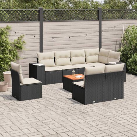 Ensemble jardin 9 places résine tressée noir avec coussins - Salon extérieur modulaire avec rangement et table acacia (1/3)