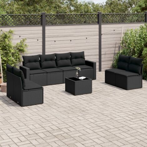 Ensemble Jardin 9 Places Noir Résine Tressée avec Coussins - Salon Extérieur Modulaire avec Table Verre Trempé et Rangement Intégré (1/3)