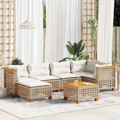 Canapé d'angle jardin 7 pièces en résine tressée beige avec coussins amovibles et table en acacia (1/5)