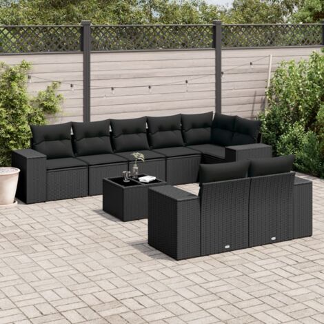 Ensemble Salon Jardin 9 Places Noir Résine Tressée avec Coussins - Table Verre Trempé, Modulaire, Housse Lavable (1/5)