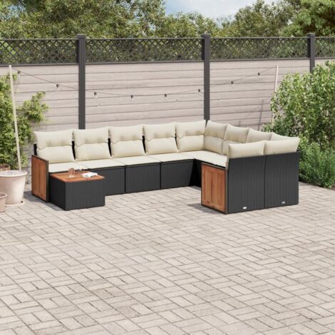 Ensemble salon jardin 10 places noir résine tressée avec coussins crème et table acacia (1/5)