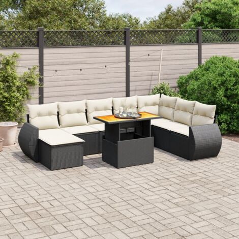 Ensemble Salon Jardin 9 Places Noir Résine Tressée avec Table Réglable et Coussins Crème - Meuble Extérieur Modulaire (1/3)