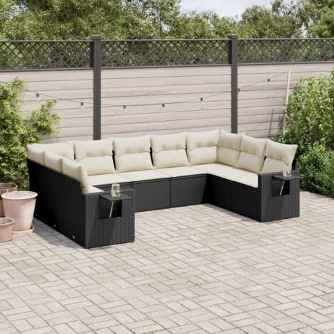 Ensemble Salon Jardin 9 Places Noir Résine Tressée avec Coussins Crème - Mobilier Extérieur Modulaire avec Rangement et Table Accoudoir (1/3)
