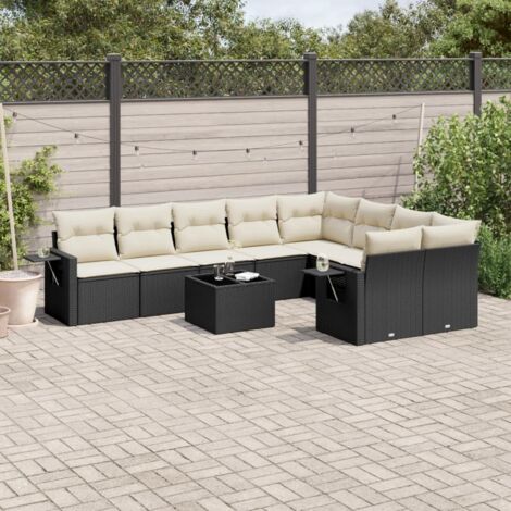 Ensemble Salon Jardin 10 Places Noir Résine Tressée avec Coussins Crème et Table Verre Trempé - Mobilier Extérieur Modulaire (1/5)