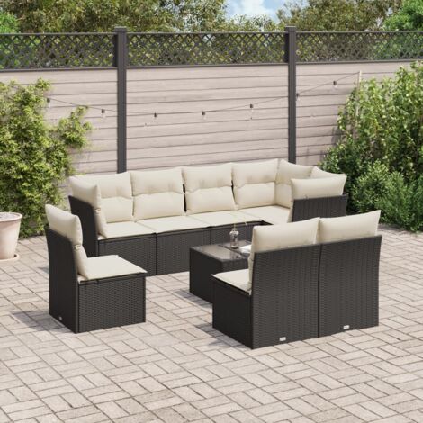 Ensemble Salon Jardin 9 Places Noir Résine Tressée avec Table Verre Trempé et Coussins Crème - Stockage Intégré (1/3)