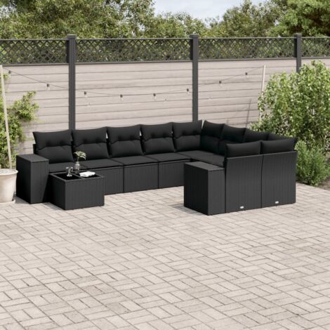 Ensemble Salon Jardin 10 Places Noir Résine Tressée avec Coussins et Table Verre Trempé - Meuble Extérieur Modulaire (1/5)