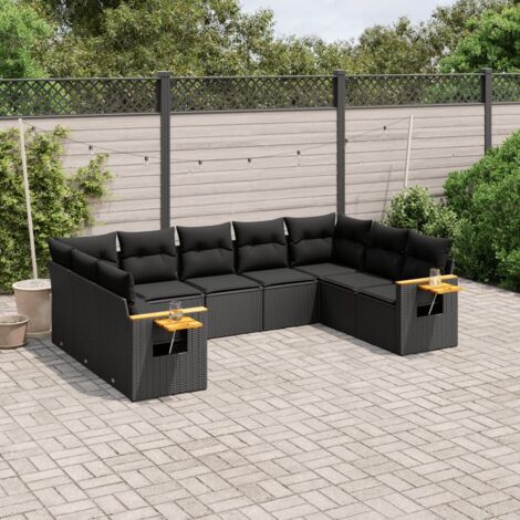 Ensemble Salon Jardin 9 Places Noir Résine Tressée avec Coussins - Mobilier Extérieur Modulaire (1/5)