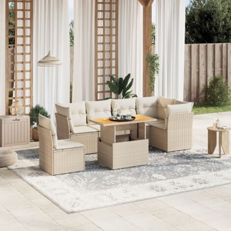 Salon de jardin 7 pièces en résine tressée beige avec coussins crème, table réglable et sièges modulaires (1/3)