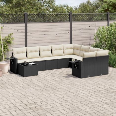 Ensemble Salon Jardin 10 Places Noir Résine Tressée avec Coussins Crème - Meuble Extérieur Modulaire avec Rangement et Table (1/3)