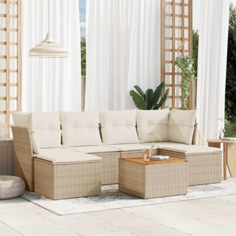 Canapé de jardin 7 pièces en résine tressée beige avec coussins crème, rangement intégré et table en acacia (1/5)