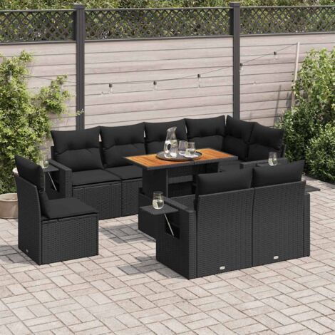 Ensemble jardin 9 places résine tressée noir avec coussins - Salon extérieur modulaire rangement et table réglable (1/5)