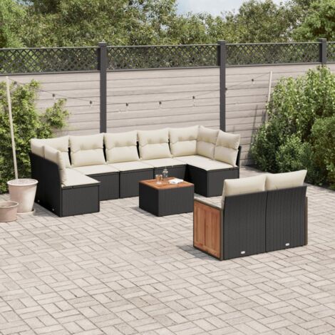 Ensemble Salon Jardin 10 Places Noir Résine Tressée avec Coussins Crème - Canapé, Fauteuils et Table Acacia - Modulaire Extérieur (1/5)