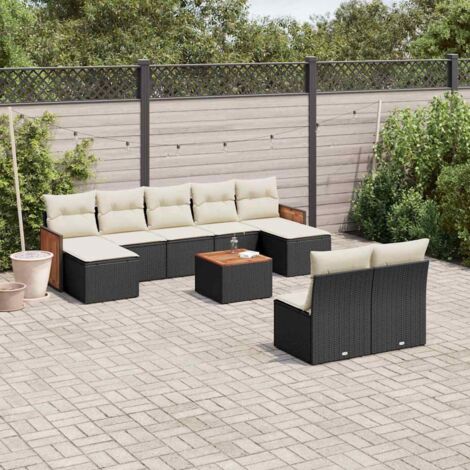 Ensemble de jardin 10 places en résine tressée noir avec coussins crème - Salon extérieur modulaire avec rangement et table acacia (1/3)
