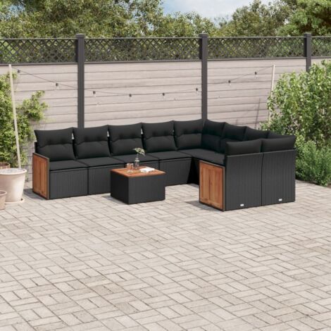 Ensemble Salon Jardin 10 Places Noir Résine Tressée avec Coussins - Table Acacia, Modulaire, Stockage Intégré (1/3)