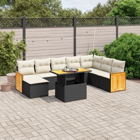 Ensemble de jardin 9 places en résine tressée noir avec coussins crème - Table extensible acacia - Meuble extérieur modulaire (1/3)