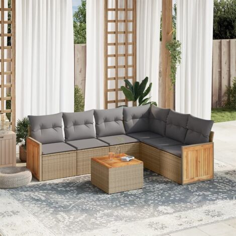 Salon de jardin 7 pièces en résine tressée beige avec coussins amovibles – Table acacia et sièges modulables (1/5)