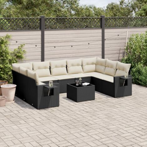 Ensemble Salon Jardin 10 Places Noir Résine Tressée avec Coussins Crème et Table Verre Trempé (1/5)