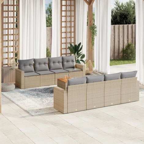 Ensemble Salon Jardin 9 Places Résine Tressée Beige avec Coussins Gris - Table Acacia, Mobilier Extérieur Modulaire (1/3)